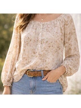 H&M L.O.G.G Women M Floral Boho Blouse 100% Cotton Peasant Top Beige